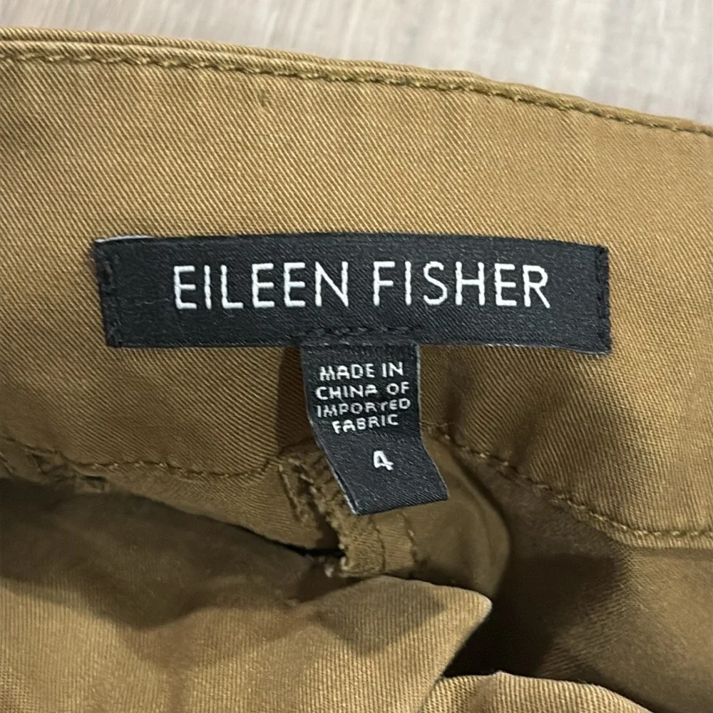 Eileen Fisher Straight Leg Chino Crop Pants Dark Khaki Stretch Cotton Twill